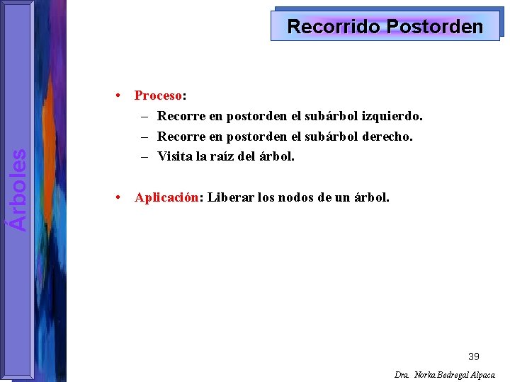 Árboles Recorrido Postorden • Proceso: – Recorre en postorden el subárbol izquierdo. – Recorre