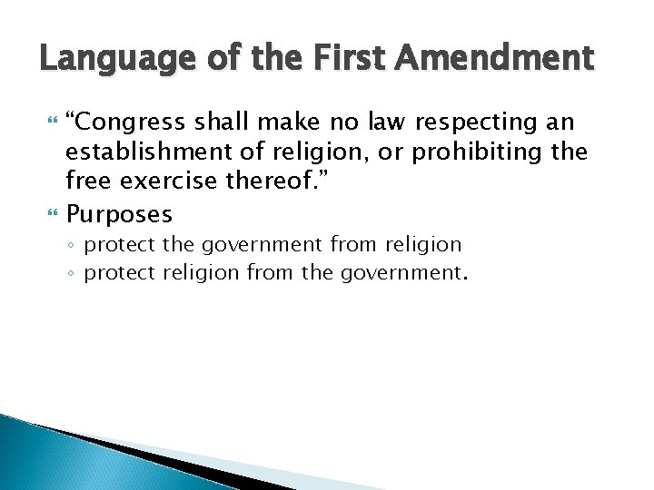 Language of the First Amendment “Congress shall make no law respecting an establishment of