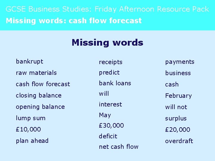 GCSE Business Studies: Friday Afternoon Resource Pack Missing words: cash flow forecast Missing words