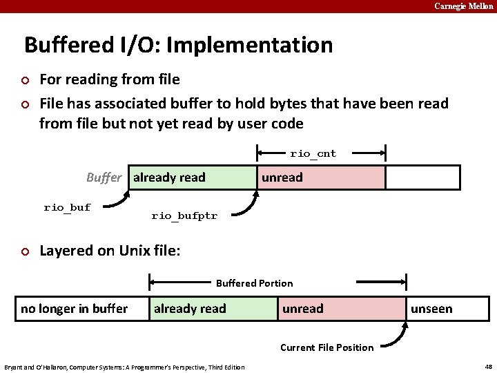 Carnegie Mellon Buffered I/O: Implementation ¢ ¢ For reading from file File has associated