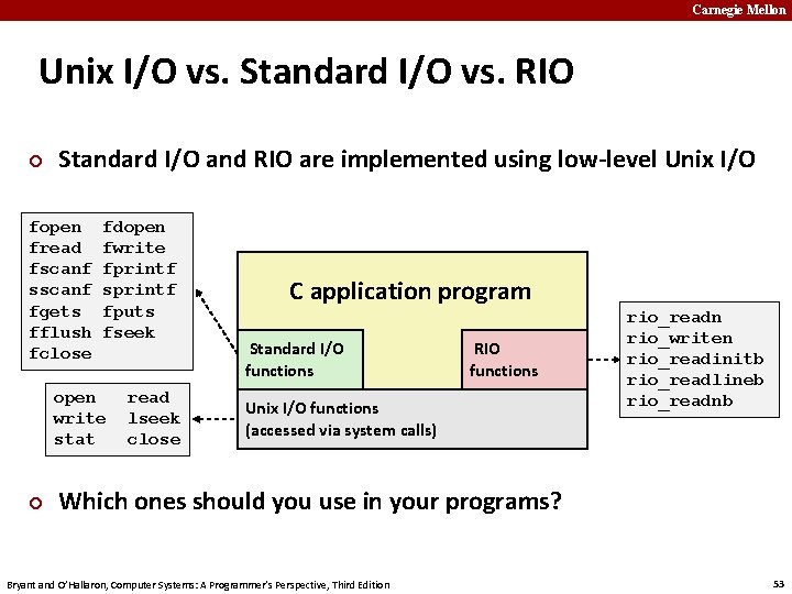 Carnegie Mellon Unix I/O vs. Standard I/O vs. RIO ¢ Standard I/O and RIO