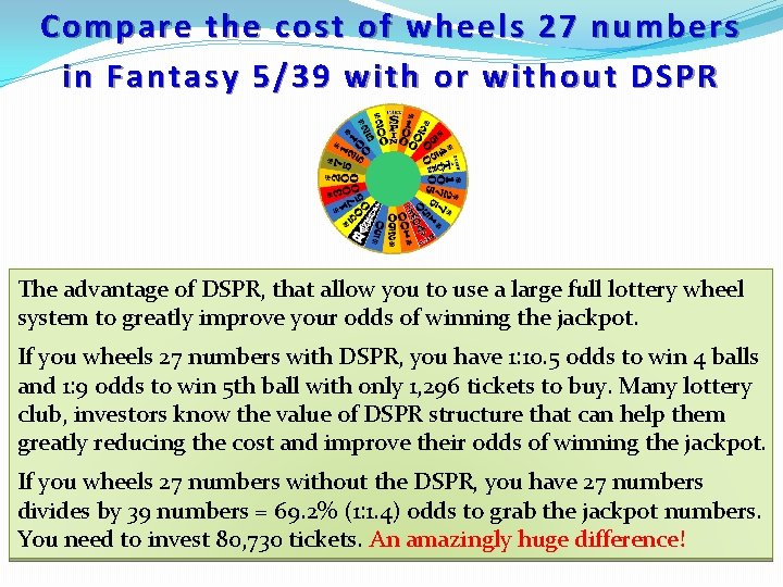 Compare the cost of wheels 27 numbers in Fantasy 5/39 with or without DSPR