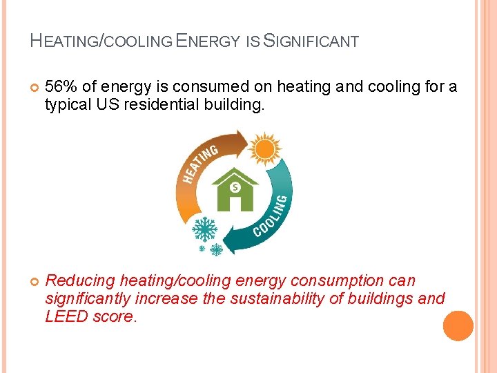 HEATING/COOLING ENERGY IS SIGNIFICANT 56% of energy is consumed on heating and cooling for