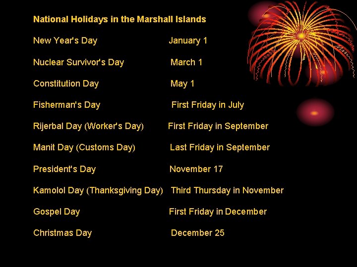 National Holidays in the Marshall Islands New Year's Day January 1 Nuclear Survivor's Day