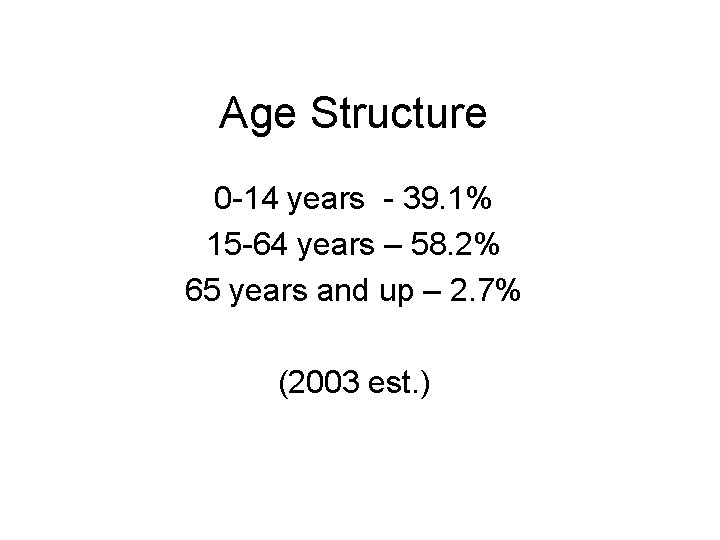 Age Structure 0 -14 years - 39. 1% 15 -64 years – 58. 2%