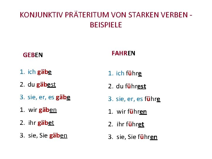 KONJUNKTIV PRÄTERITUM VON STARKEN VERBEN BEISPIELE GEBEN FAHREN 1. ich gäbe 1. ich führe