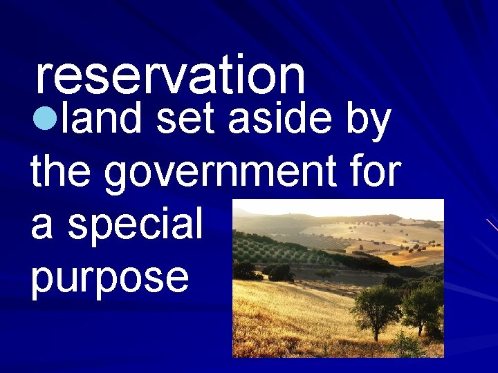 reservation lland set aside by the government for a special purpose 