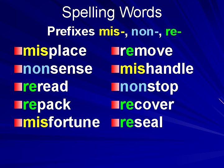 Spelling Words Prefixes mis-, non-, re- misplace nonsense reread repack misfortune remove mishandle nonstop