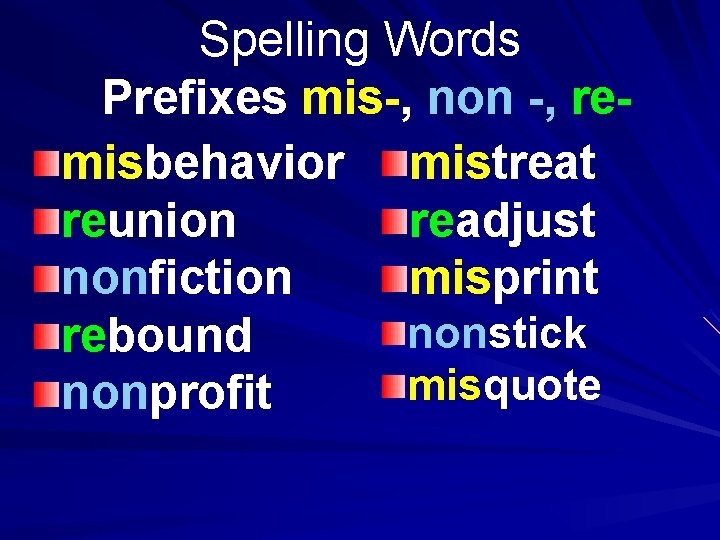 Spelling Words Prefixes mis-, non -, remisbehavior mistreat reunion readjust nonfiction misprint nonstick rebound