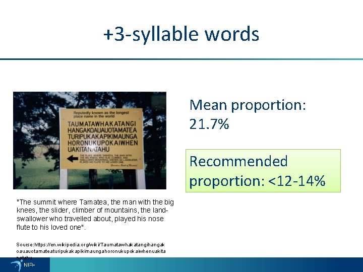 +3 -syllable words Mean proportion: 21. 7% Recommended proportion: <12 -14% "The summit where