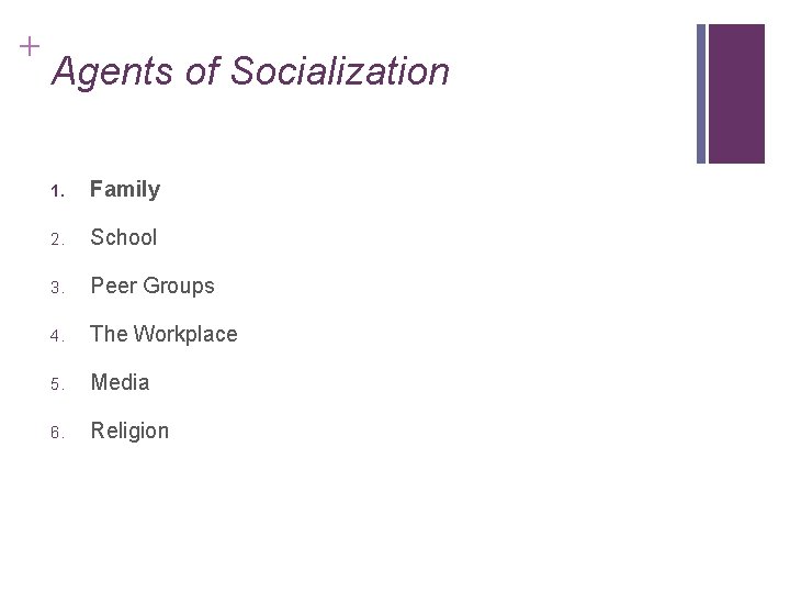 + Agents of Socialization 1. Family 2. School 3. Peer Groups 4. The Workplace