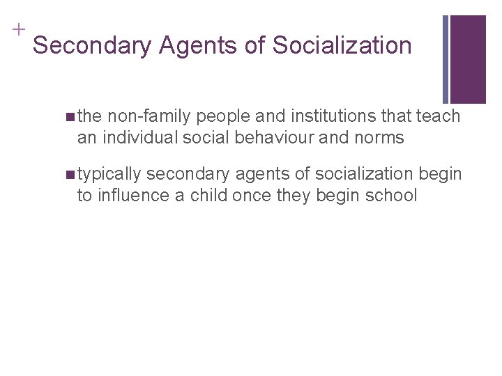 + Secondary Agents of Socialization the non-family people and institutions that teach an individual