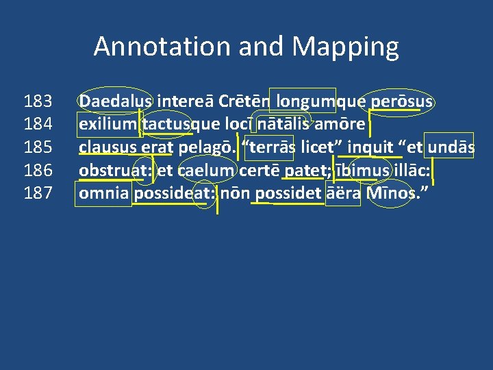 Annotation and Mapping 183 184 185 186 187 Daedalus intereā Crētēn longumque perōsus exilium