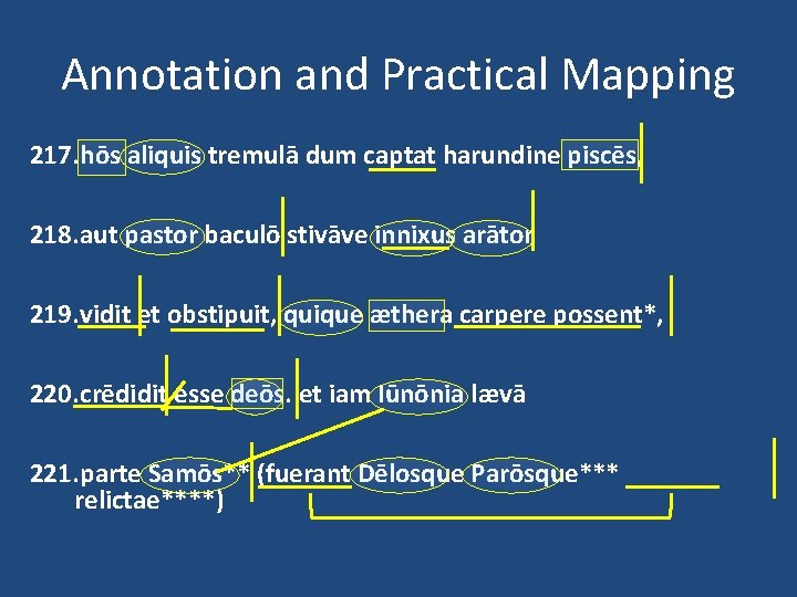 Annotation and Practical Mapping 217. hōs aliquis tremulā dum captat harundine piscēs, 218. aut