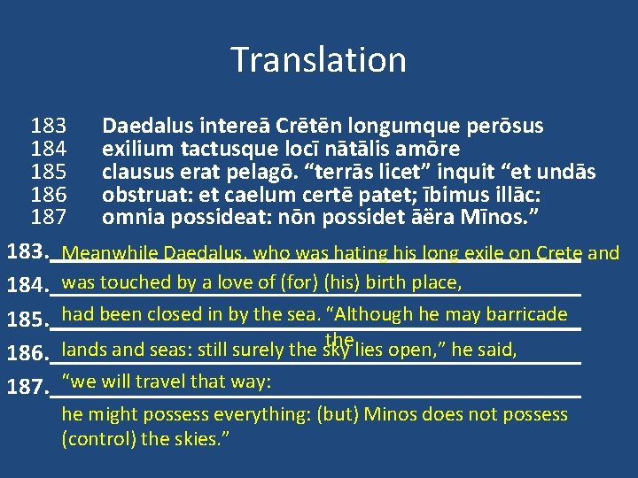 Translation 183 Daedalus intereā Crētēn longumque perōsus 184 exilium tactusque locī nātālis amōre 185