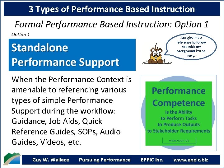 3 Types of Performance Based Instruction Formal Performance Based Instruction: Option 1 Just give