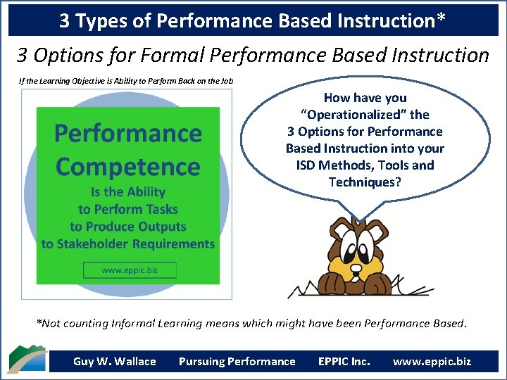 3 Types of Performance Based Instruction* 3 Options for Formal Performance Based Instruction If
