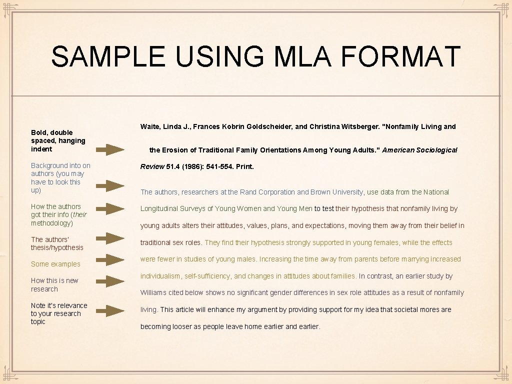 SAMPLE USING MLA FORMAT Bold, double spaced, hanging indent Waite, Linda J. , Frances