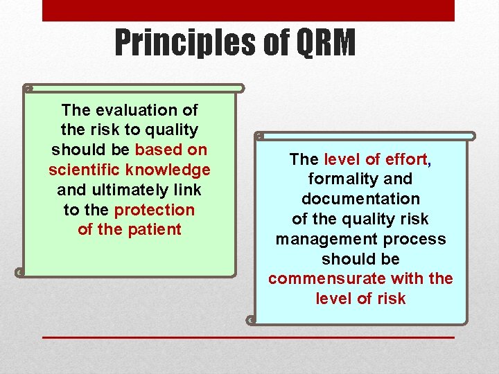 Principles of QRM The evaluation of the risk to quality should be based on