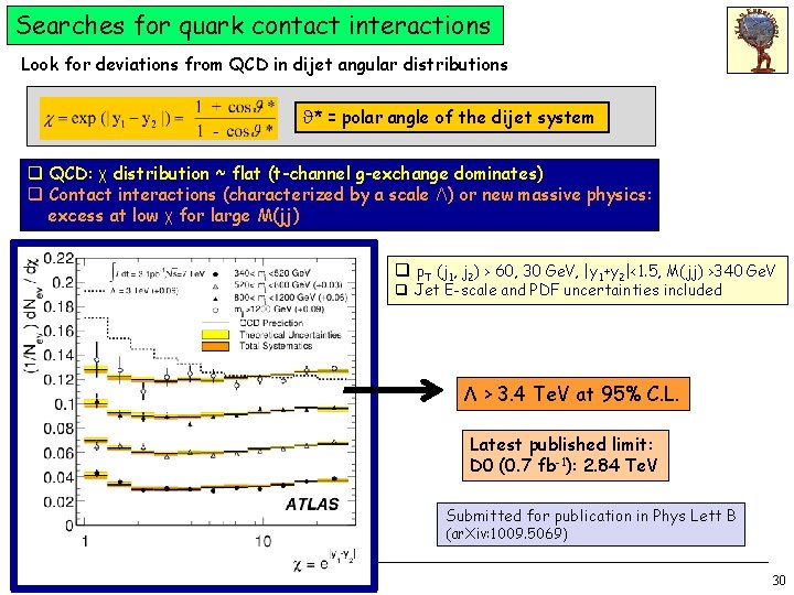 Searches for quark contact interactions Look for deviations from QCD in dijet angular distributions