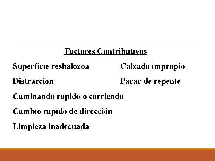 Factores Contributivos Superficie resbalozoa Calzado impropio Distracción Parar de repente Caminando rapido o corriendo