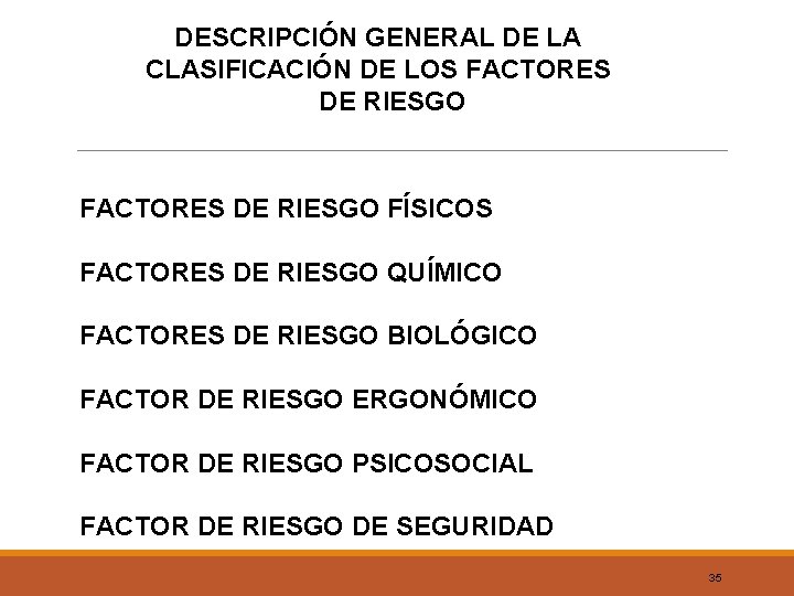 DESCRIPCIÓN GENERAL DE LA CLASIFICACIÓN DE LOS FACTORES DE RIESGO FACTORES DE RIESGO FÍSICOS