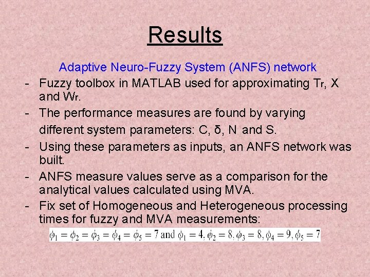 Results - Adaptive Neuro-Fuzzy System (ANFS) network Fuzzy toolbox in MATLAB used for approximating