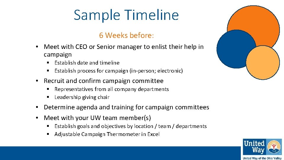 Sample Timeline 6 Weeks before: • Meet with CEO or Senior manager to enlist