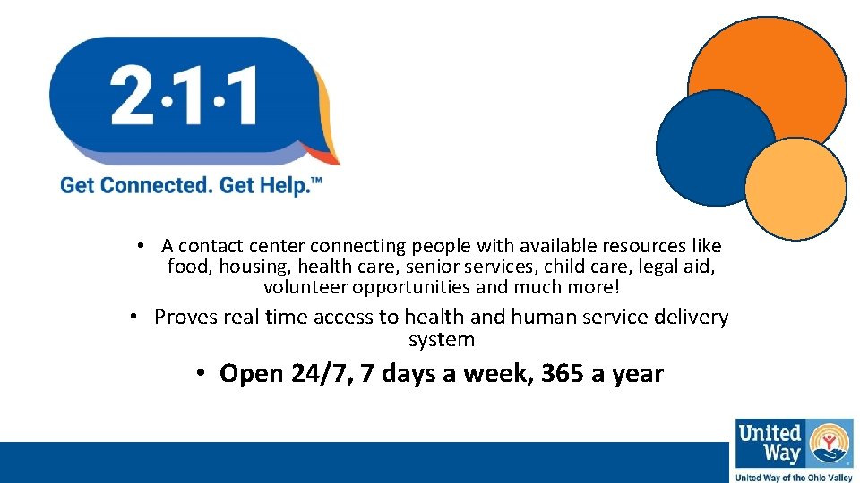  • A contact center connecting people with available resources like food, housing, health