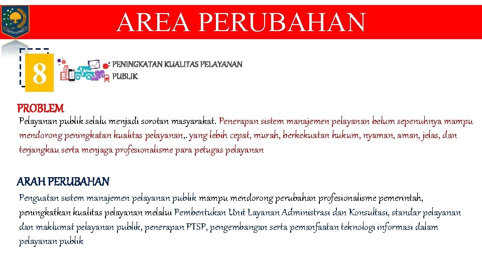 AREA PERUBAHAN 8 PENINGKATAN KUALITAS PELAYANAN PUBLIK PROBLEM Pelayanan publik selalu menjadi sorotan masyarakat.