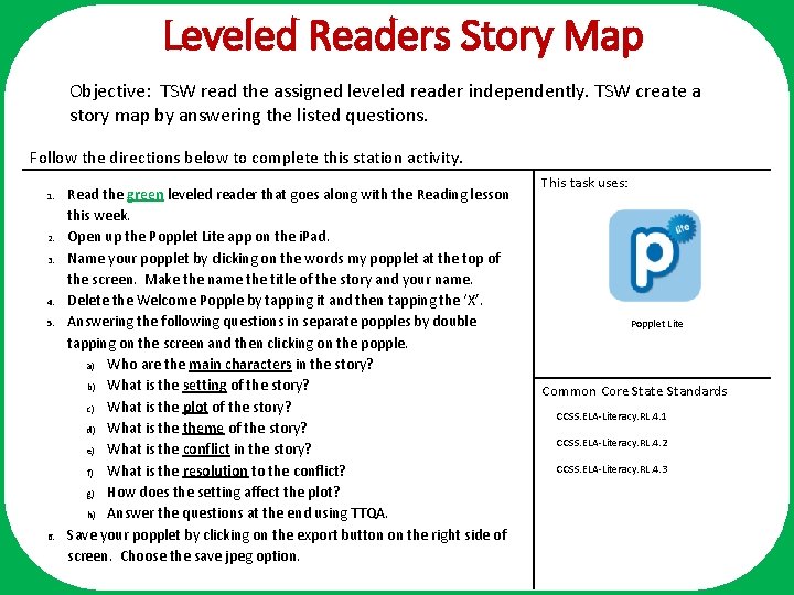 Leveled Readers Story Map Objective: TSW read the assigned leveled reader independently. TSW create Leveled Readers Story Map Objective: TSW read the assigned leveled reader independently. TSW create