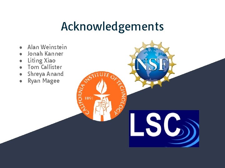 Acknowledgements ● ● ● Alan Weinstein Jonah Kanner Liting Xiao Tom Callister Shreya Anand