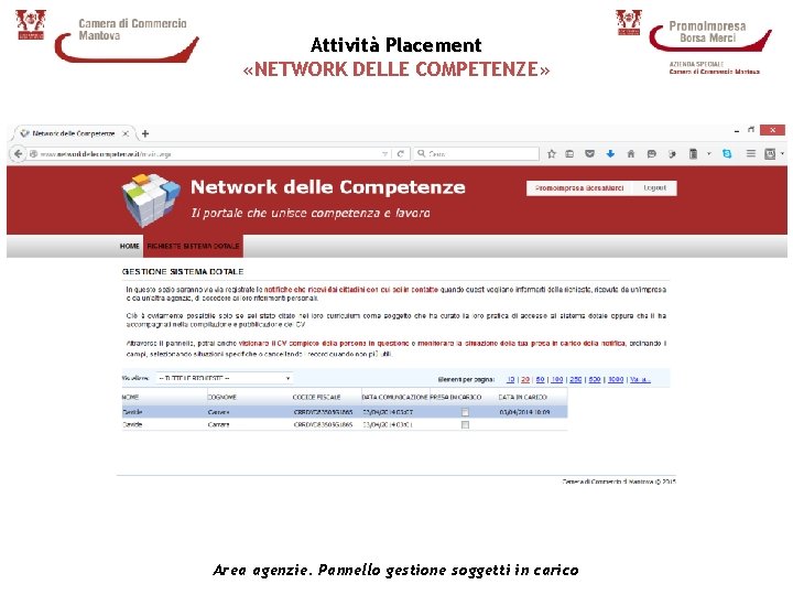 Attività Placement «NETWORK DELLE COMPETENZE» Area agenzie. Pannello gestione soggetti in carico 