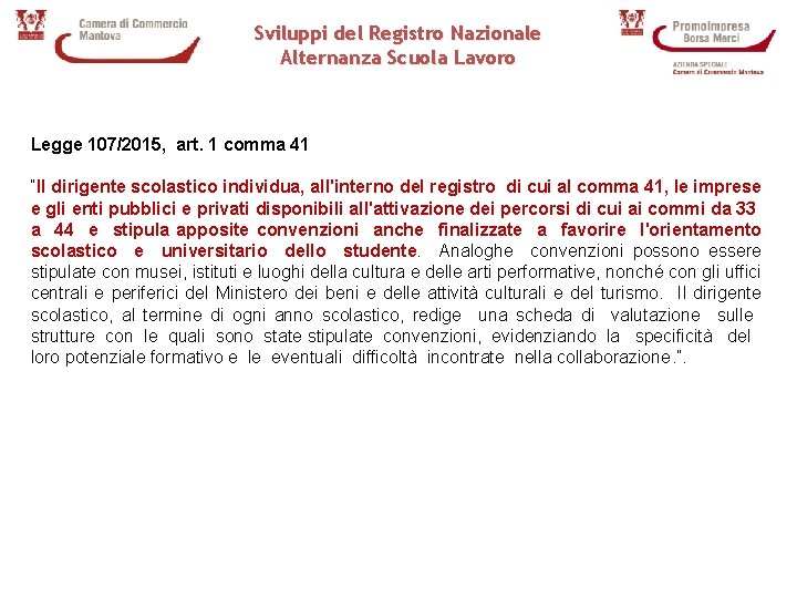 Sviluppi del Registro Nazionale Alternanza Scuola Lavoro Legge 107/2015, art. 1 comma 41 “Il