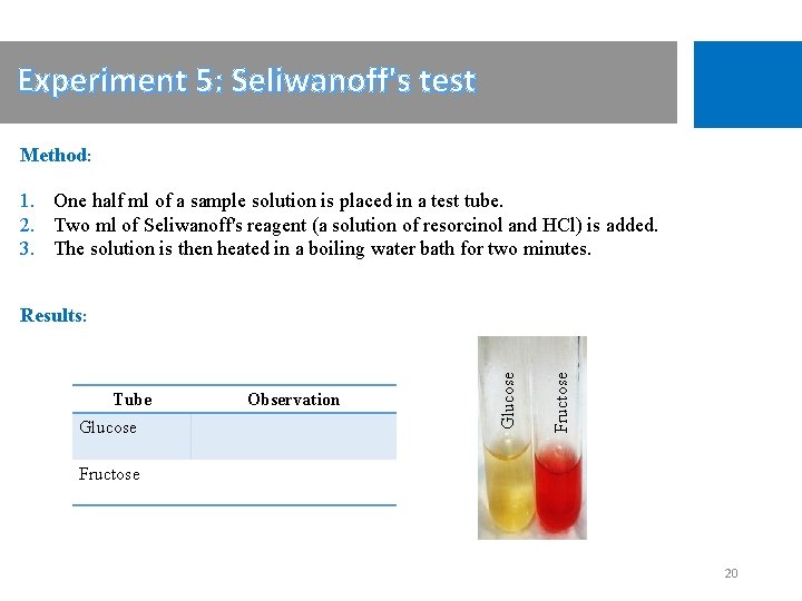Experiment 5: Seliwanoff's test Method: 1. One half ml of a sample solution is