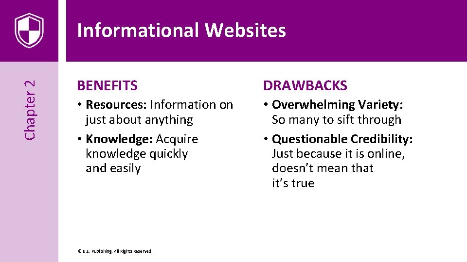 Chapter 2 Informational Websites BENEFITS DRAWBACKS • Resources: Information on just about anything •