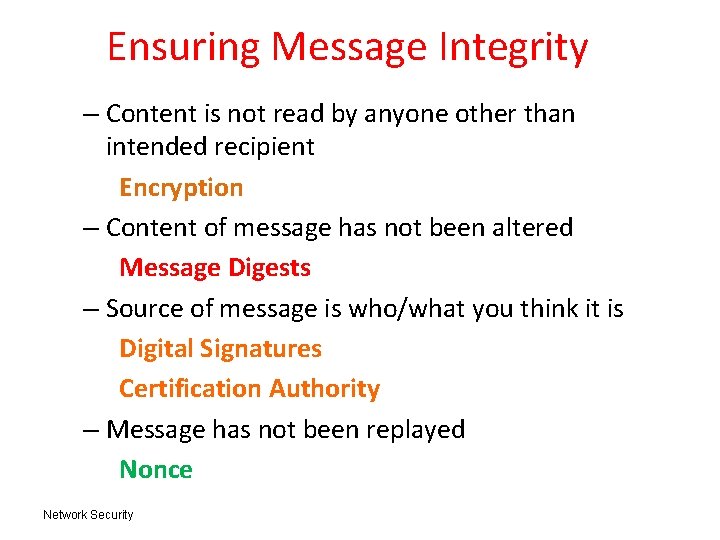 Ensuring Message Integrity – Content is not read by anyone other than intended recipient Ensuring Message Integrity – Content is not read by anyone other than intended recipient