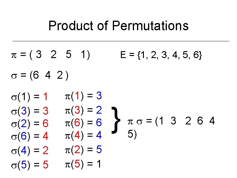 Product of Permutations = ( 3 2 5 1) E = {1, 2, 3,