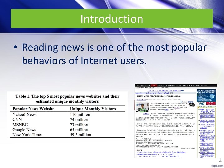 Introduction • Reading news is one of the most popular behaviors of Internet users.