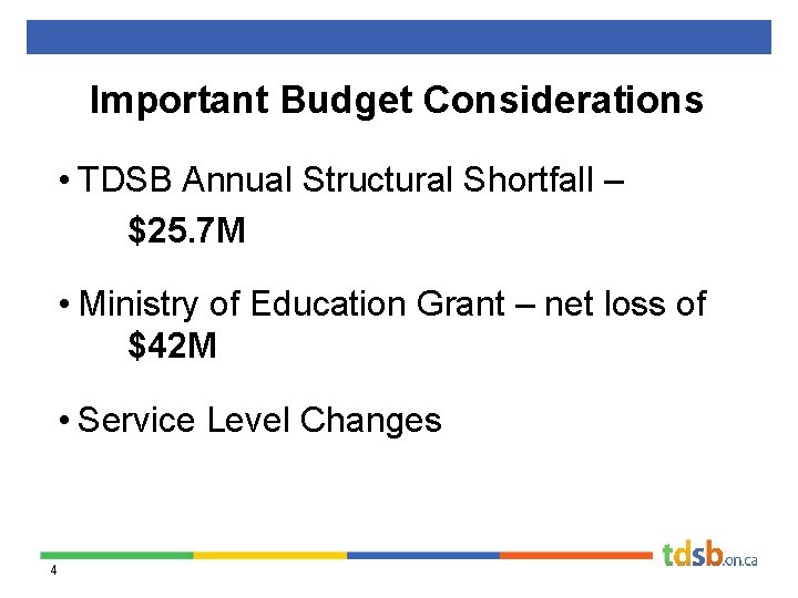 Important Budget Considerations • TDSB Annual Structural Shortfall – $25. 7 M • Ministry