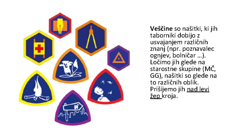 Veščine so našitki, ki jih taborniki dobijo z usvajanjem različnih znanj (npr. poznavalec ognjev,