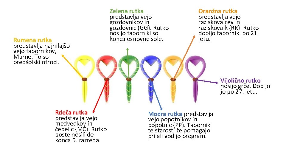 Rumena rutka predstavlja najmlajšo vejo tabornikov, Murne. To so predšolski otroci. Zelena rutka predstavlja