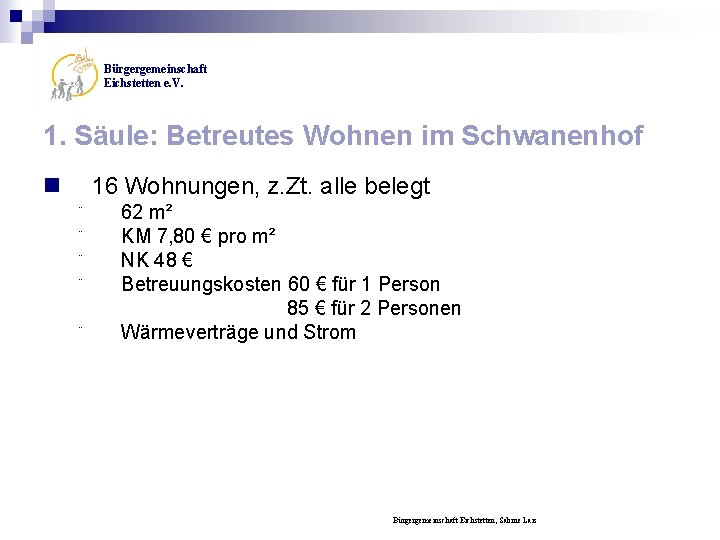 Bürgergemeinschaft Eichstetten e. V. 1. Säule: Betreutes Wohnen im Schwanenhof n 16 Wohnungen, z.