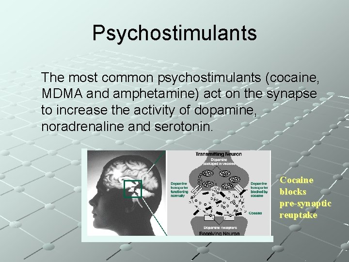 Psychostimulants The most common psychostimulants (cocaine, MDMA and amphetamine) act on the synapse to