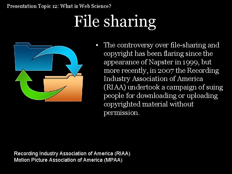 Presentation Topic 12: What is Web Science? File sharing • The controversy over file-sharing