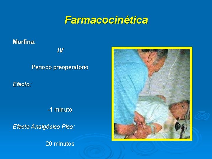 Farmacocinética Morfina: IV Periodo preoperatorio Efecto: -1 minuto Efecto Analgésico Pico: 20 minutos 