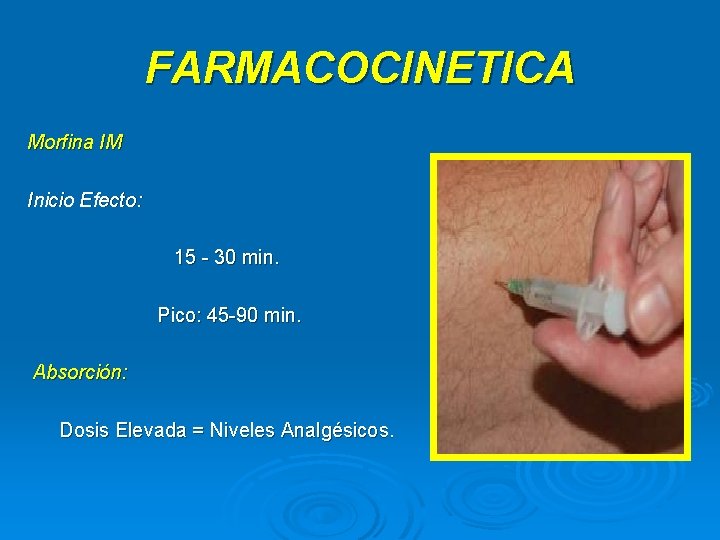 FARMACOCINETICA Morfina IM Inicio Efecto: 15 - 30 min. Pico: 45 -90 min. Absorción: