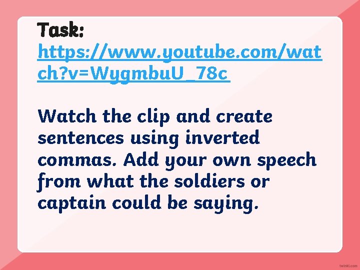 Task: https: //www. youtube. com/wat ch? v=Wygmbu. U_78 c Watch the clip and create