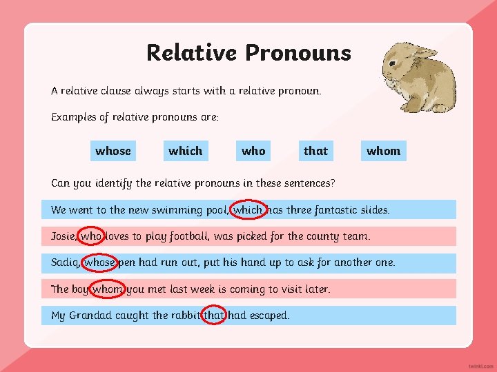 Relative Pronouns A relative clause always starts with a relative pronoun. Examples of relative