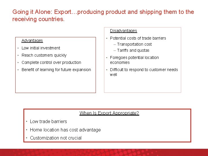 Going it Alone: Export…producing product and shipping them to the receiving countries. Disadvantages •